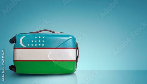 ウズベキスタンの国旗のスーツケース。(Uzbekistan flag on a stylish suitcase and copy space.) 