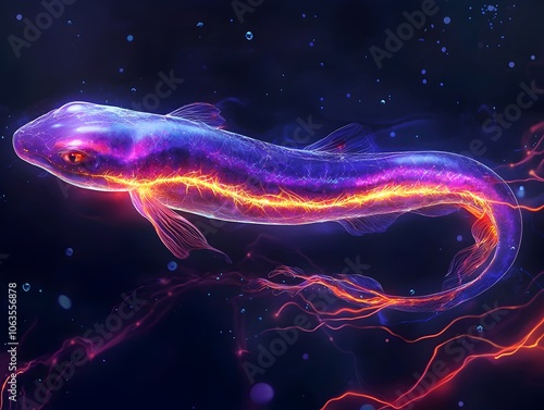 Vibrant Electric Eel Glowing in Illuminating Deep Dark Ocean Waters photo