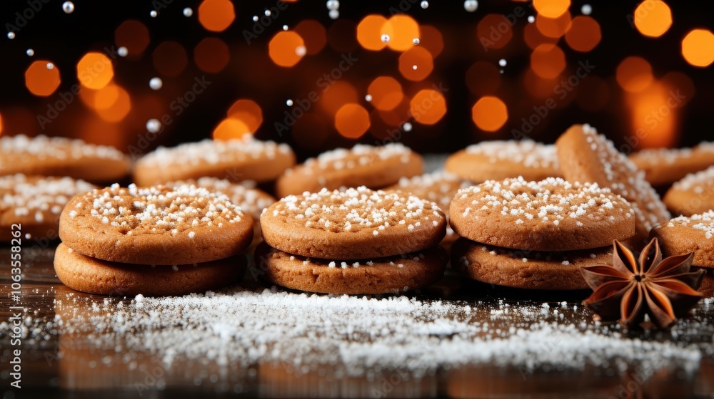 Close-up of gingerbread cookies sprinkled with sugar and an anise star on a dark background with bokeh lights Close-up of gingerbread cookies sprinkled with sugar and an anise star on a dark background with bokeh lights