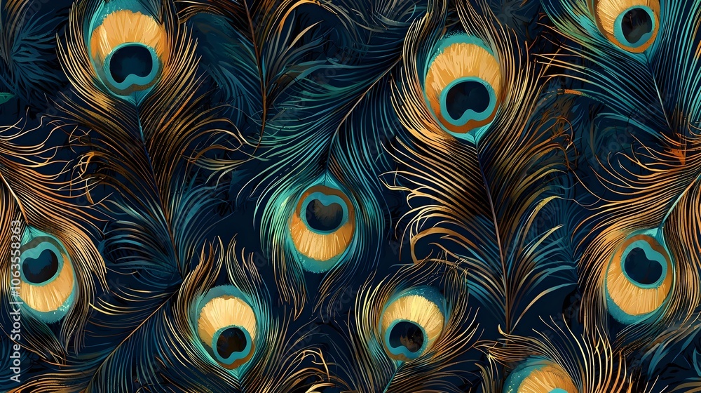Vibrant Peacock Feather Pattern with Metallic Gold Accents in Seamless Background Vibrant Peacock Feather Pattern with Metallic Gold Accents in Seamless Background