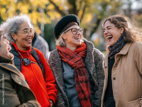 Group of people with different ages, ethnicities, and body types laughing together in an urban park