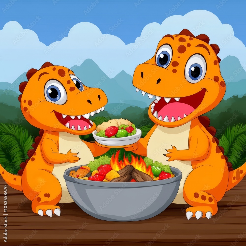 Obraz premium Two friendly dinosaurs enjoying a meal outdoors in a vibrant landscape.