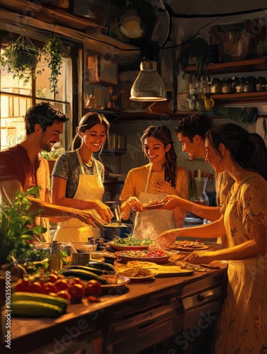 Group of friends from various cultural backgrounds preparing a meal together in a cozy kitchen