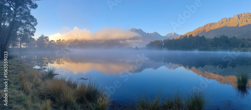 Misty Lake at Dawn with Fog Just Above the Water