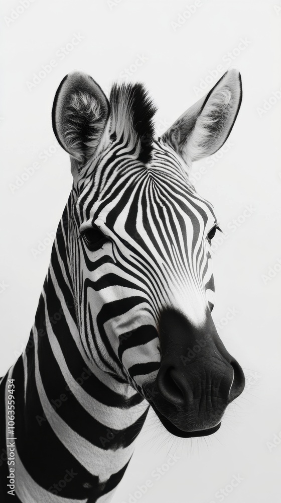 Fototapeta premium Zebra portrait showcasing striking black and white stripes against a white background, AI