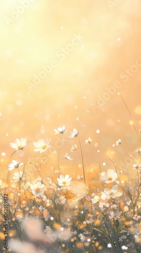 Golden field of wildflowers swaying in the wind, soft sunlight, blurred background