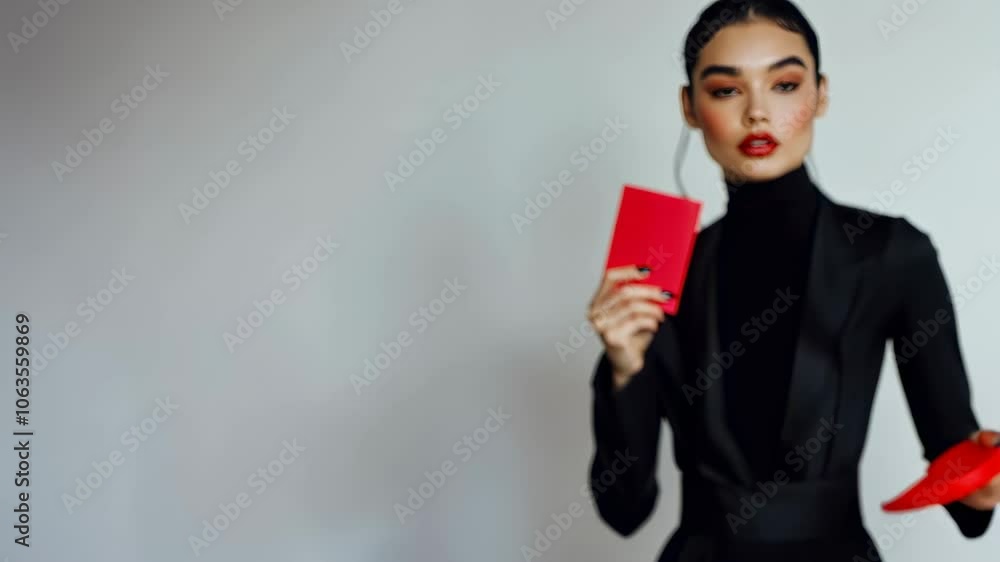 A shoot with a model in a sleek black outfit, holding red sale tags and posing against a minimalist, white background.	