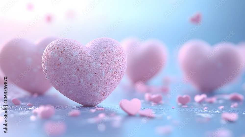 Obraz premium Playful 3D cartoon hearts with cupid arrows and pink confetti on a bright gradient background