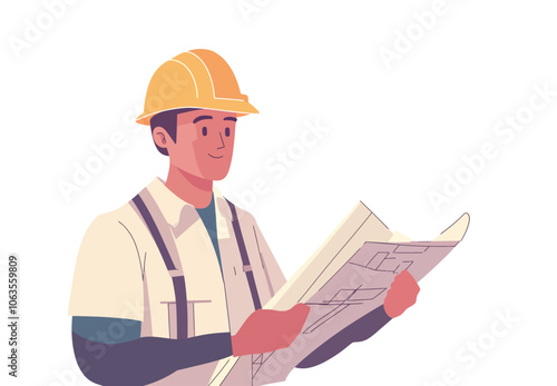 Man wearing a hard hat is reading a blueprint. He is smiling as he looks at the drawing. Flat vector illustration isolated.
