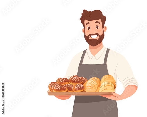 Man is holding a tray of pastries. He is smiling. Flat vector illustration isolated.