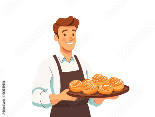Man is holding a tray of pastries. He is smiling. Flat vector illustration isolated.