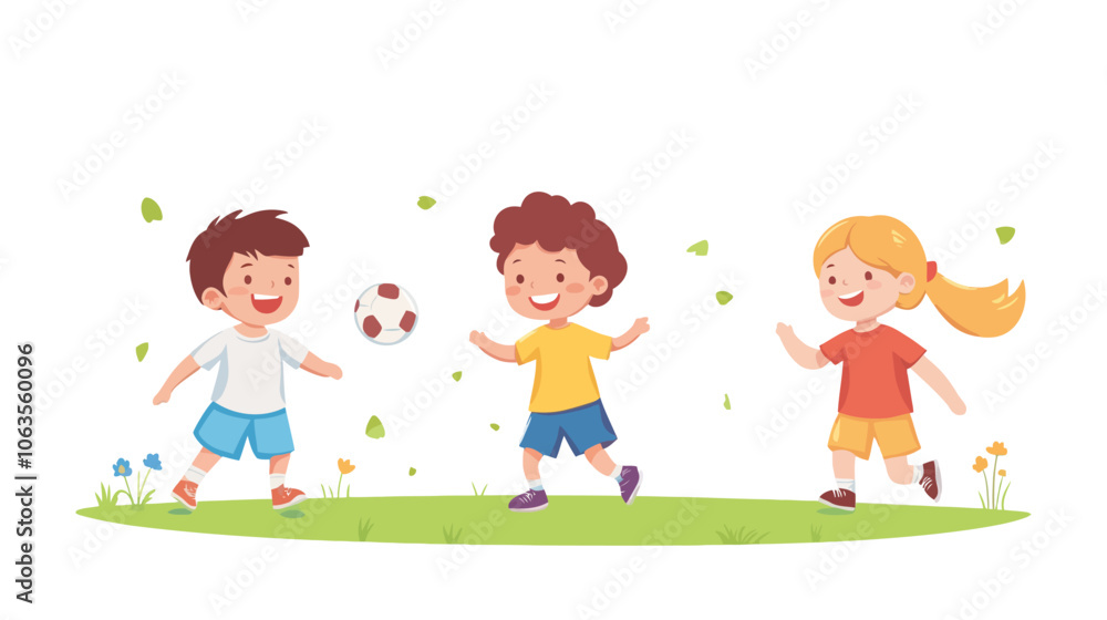 Three children playing soccer. One boy is holding a soccer ball. Flat vector illustration isolated. Three children playing soccer. One boy is holding a soccer ball. Flat vector illustration isolated.