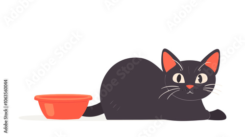 Black cat is laying on the ground next to a bowl. The bowl is red and has a white rim. Flat vector illustration isolated.