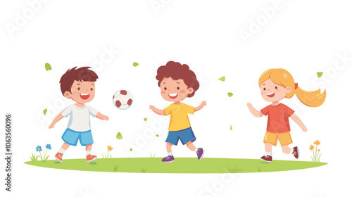 Three children playing soccer. One boy is holding a soccer ball. Flat vector illustration isolated.