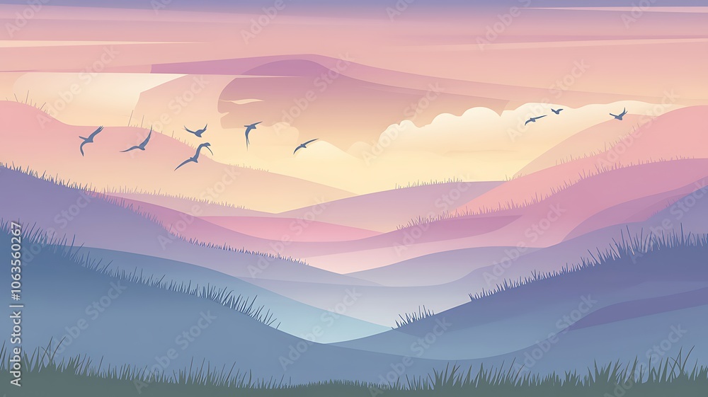 Obraz premium A Silhouette of Birds Flying Over a Rolling Hill Landscape at Sunset
