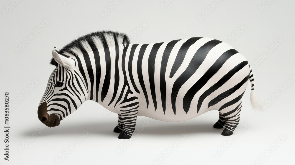 Naklejka premium Zebra with a unique, rounded body shape stands against a plain background, AI