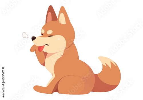 Cartoon dog is sitting on the ground and licking its paw. The dog has a long tail. Flat vector illustration isolated.