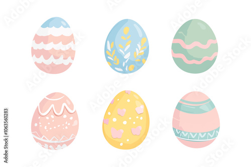 Set of six painted eggs with different colors and designs. The eggs are arranged in a row. Flat vector illustration isolated.