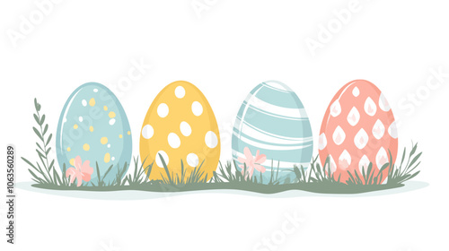 Four eggs are in a row, with one of them being yellow. The eggs are surrounded by grass and flowers. Flat vector illustration isolated.