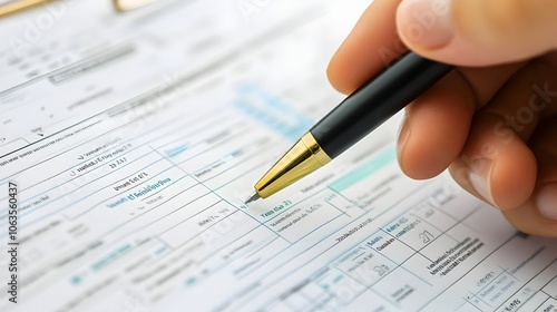 Hand Holding Pen Over Loan Application and Financial Details on Desk