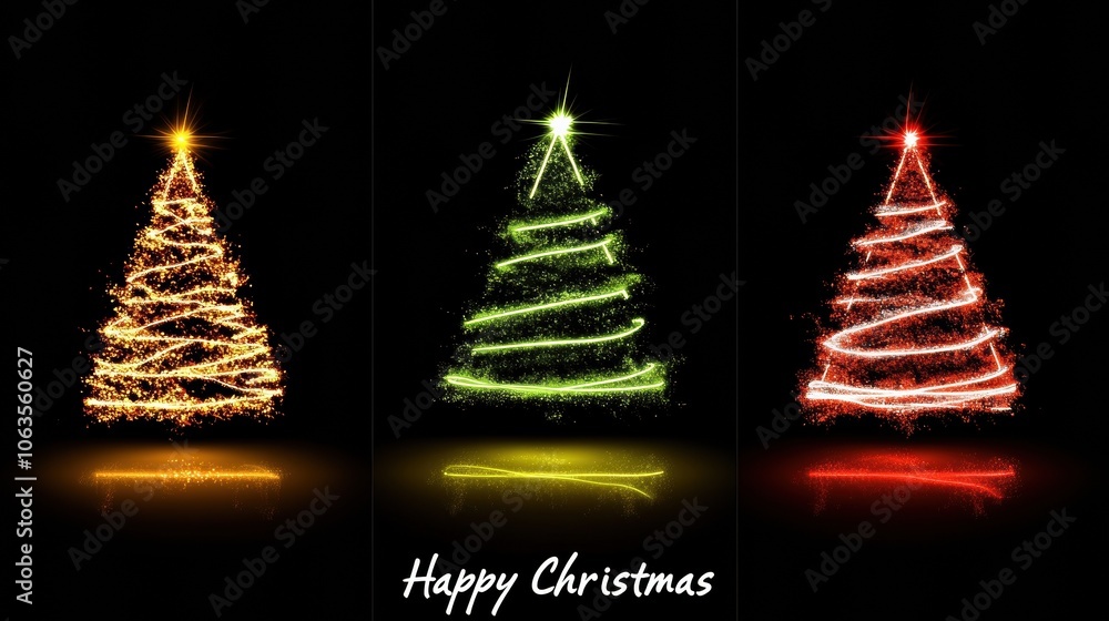 Three glowing Christmas trees in gold, green, and red sparkle against a dark background, AI Three glowing Christmas trees in gold, green, and red sparkle against a dark background, AI