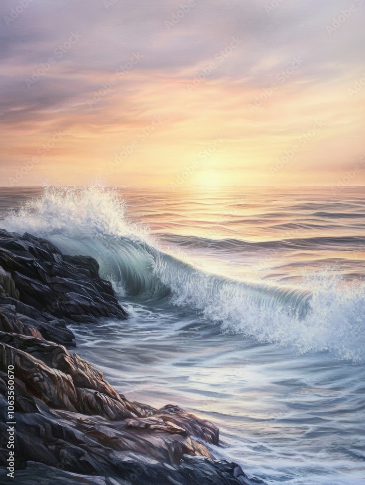 Obraz premium Gentle ocean waves crashing on a rocky shore at sunset, soft pastel tones and long exposure effect