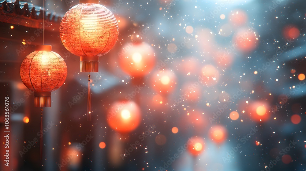 Joyful 3D fireworks display with golden sparkles and festive red lanterns floating in the night sky Joyful 3D fireworks display with golden sparkles and festive red lanterns floating in the night sky