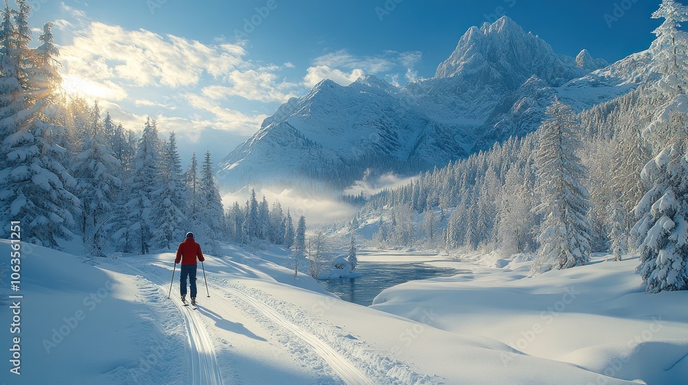 A skier traverses a snowy landscape with mountains and trees. A skier traverses a snowy landscape with mountains and trees.