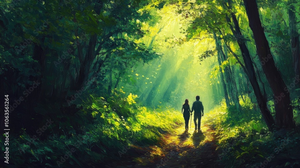 Couple hiking through a dense forest with light filtering through trees, vibrant green tones Couple hiking through a dense forest with light filtering through trees, vibrant green tones