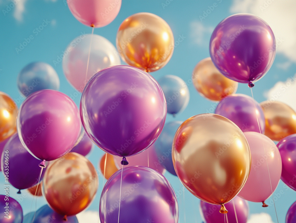 A bunch of colorful balloons with gold and purple colors. The balloons are scattered in the sky and the background is blue.
A bunch of colorful balloons with gold and purple colors. The balloons are scattered in the sky and the background is blue.