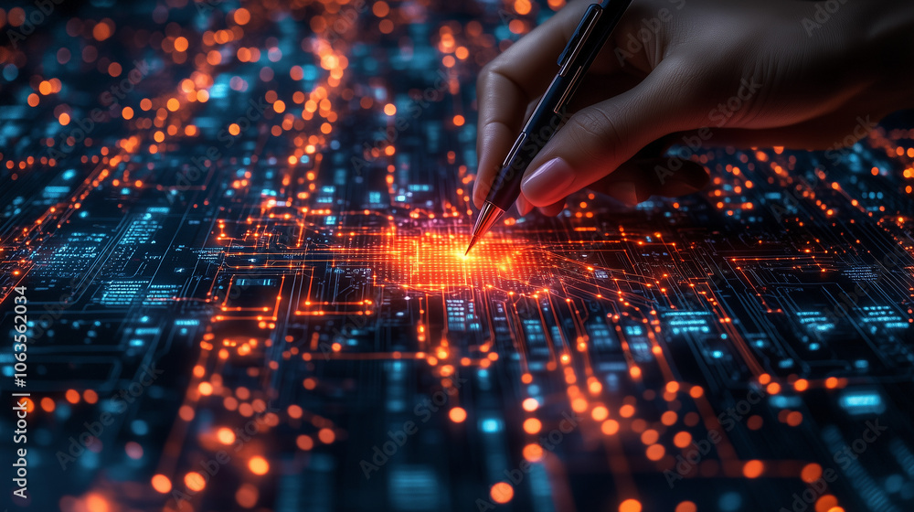 Designing the Future: A hand delicately traces a circuit board, igniting a spark of innovation and technological advancement. The image is rich with vibrant hues.