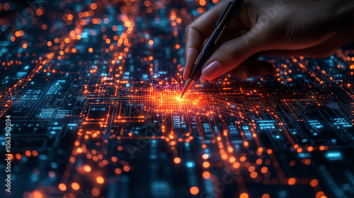 Obraz na płótnie Designing the Future: A hand delicately traces a circuit board, igniting a spark of innovation and technological advancement. The image is rich with vibrant hues. w salonie