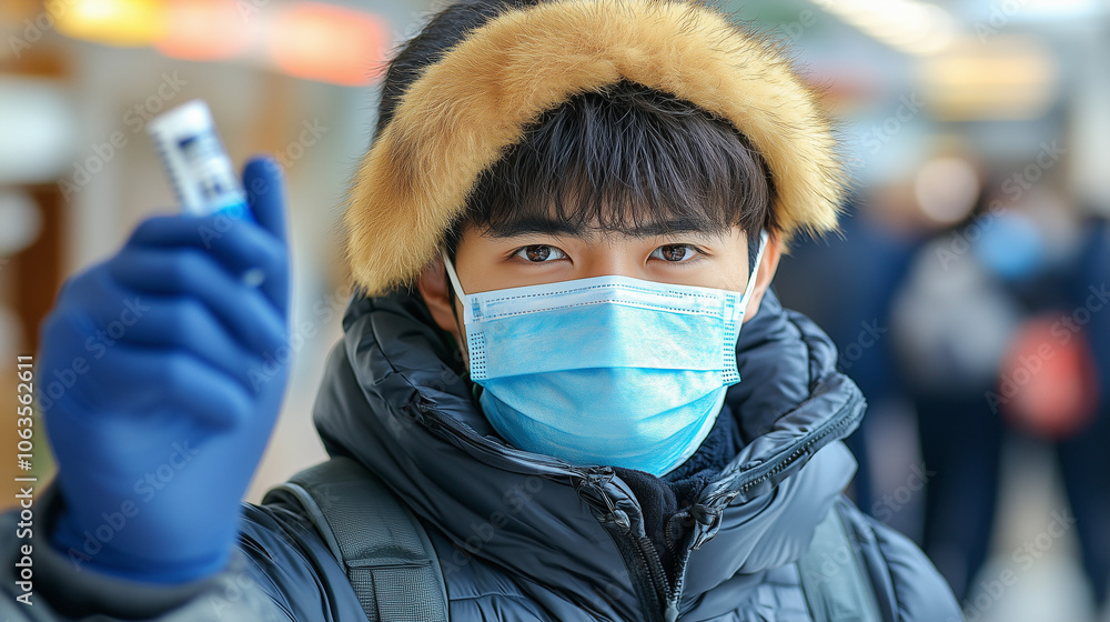Man Wearing Mask Holding Vaccine Card Man Wearing Mask Holding Vaccine Card