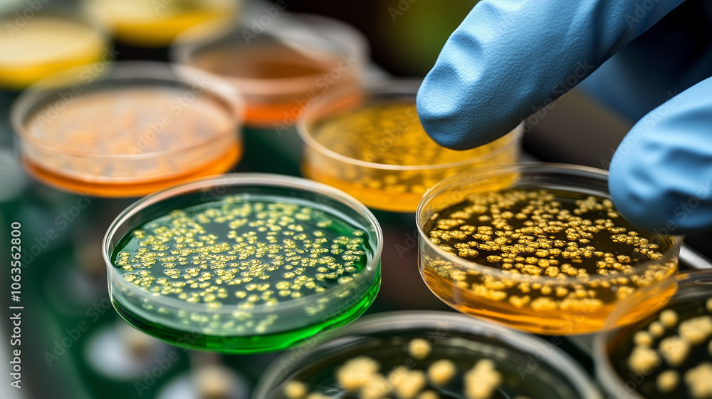 Microscopic World: A gloved hand carefully examines a petri dish filled with vibrant green bacteria colonies, highlighting the intricate beauty and scientific exploration of the microscopic world. Microscopic World: A gloved hand carefully examines a petri dish filled with vibrant green bacteria colonies, highlighting the intricate beauty and scientific exploration of the microscopic world.