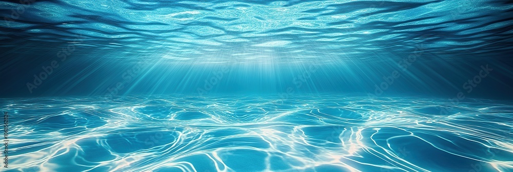 Underwater view of blue water, white ripples and reflections, swimming pool Underwater view of blue water, white ripples and reflections, swimming pool