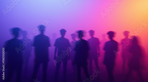 Abstract youth party with silhouettes on a background of purple neon shades of blue, pink and yellow