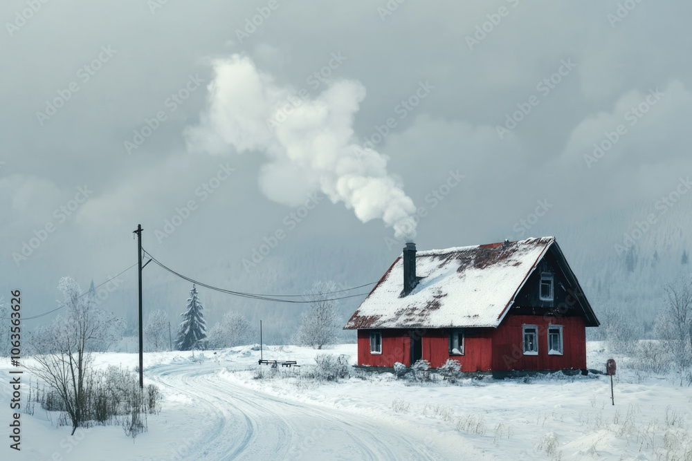 A solitary red cabin stands amidst a snow-laden landscape, with a plume of smoke rising from its chimney, exuding warmth and isolation on a misty morning. A solitary red cabin stands amidst a snow-laden landscape, with a plume of smoke rising from its chimney, exuding warmth and isolation on a misty morning.
