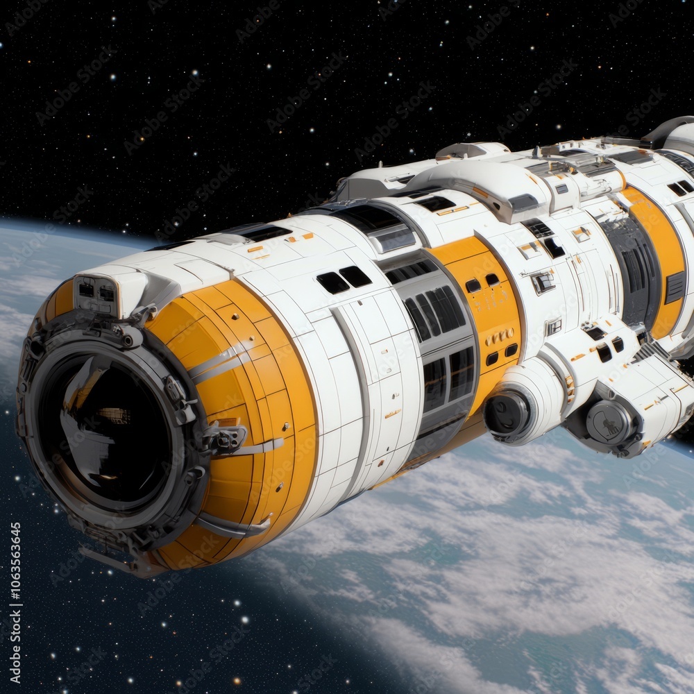 A futuristic spacecraft orbiting Earth, showcasing advanced technology and design. A futuristic spacecraft orbiting Earth, showcasing advanced technology and design.