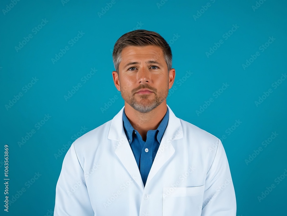 A man in a white lab coat standing in front of a blue background A man in a white lab coat standing in front of a blue background