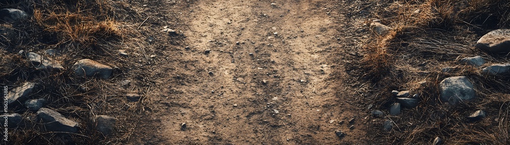 A dirt path bordered by dry grass and scattered rocks