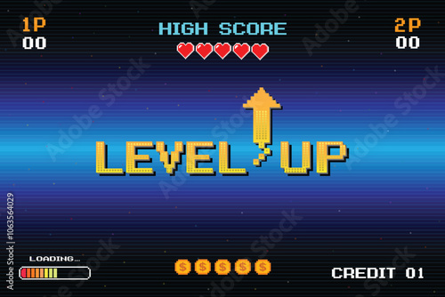 LEVEL UP !! text with gold arrow on blue background. pixel art .8 bit game. retro game. for game assets in vector illustrations.	