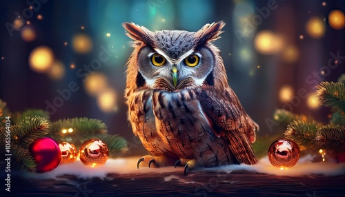 A festive owl perched on rustic wood surrounded by sparkling bokeh lights and Christmas decorations. Generative AI photo