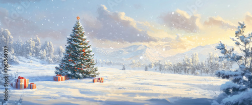 A picturesque scene with a beautifully decorated Christmas tree surrounded by snow and presents, set against a stunning winter landscape at dusk.