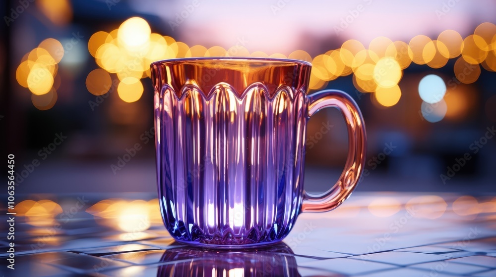 A colorful glass mug on a table lit by a warm glow of out of focus lights. A colorful glass mug on a table lit by a warm glow of out of focus lights.