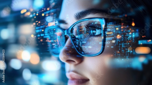 Close-up of a persons face illuminated by a digital screen, reflections of data on their glasses