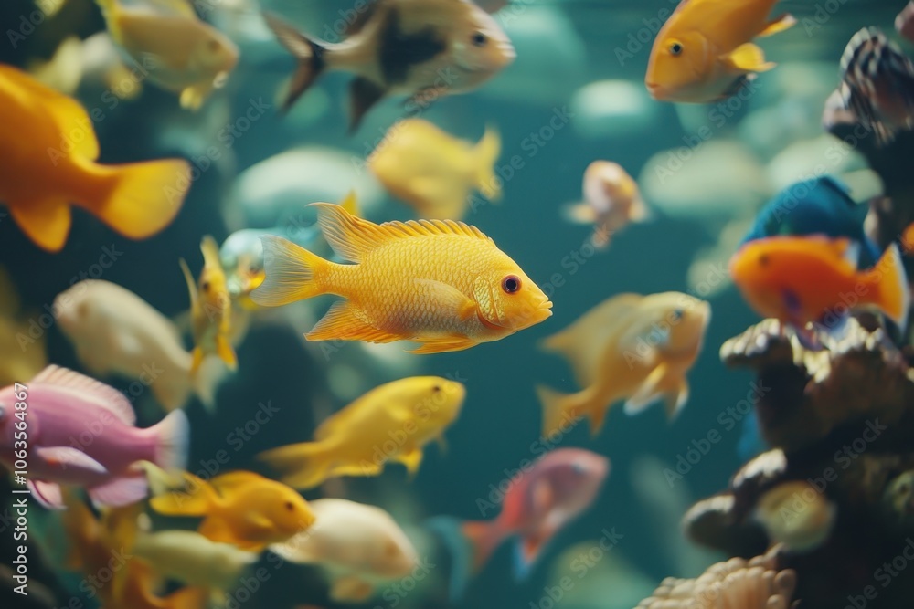 Naklejka premium A tropical fish tank filled with fish of every bright color, swimming among equally colorful coral reefs