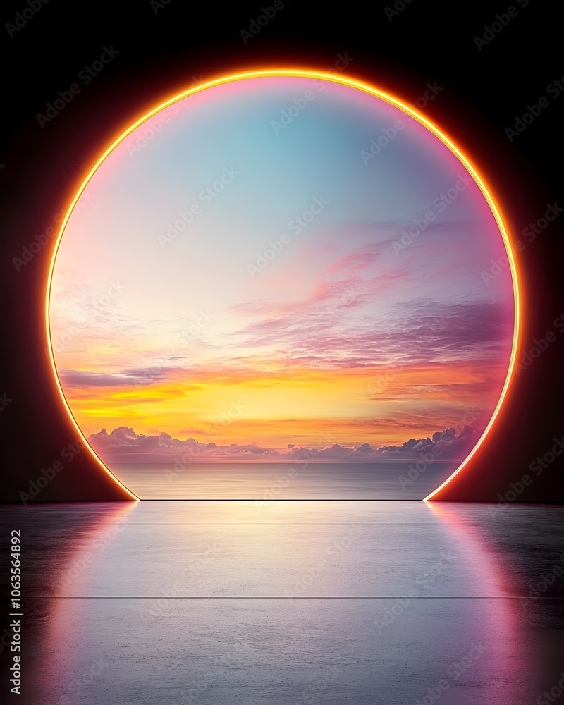 Futuristic portal revealing a vibrant sunset landscape Futuristic portal revealing a vibrant sunset landscape