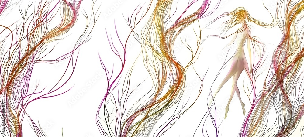 A graceful, ethereal figure with flowing hair dances amidst vibrant, swirling strands in a dreamlike, abstract composition, evoking a sense of freedom and beauty. A graceful, ethereal figure with flowing hair dances amidst vibrant, swirling strands in a dreamlike, abstract composition, evoking a sense of freedom and beauty.