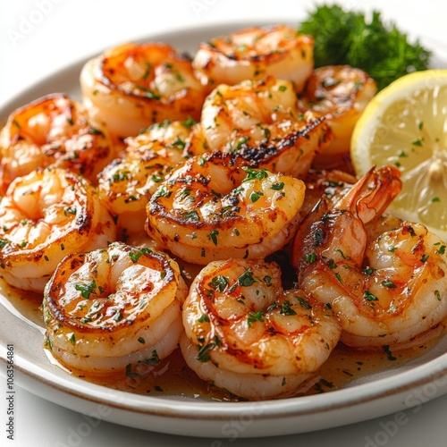 Closeup of Grilled Shrimp with Lemon and Parsley