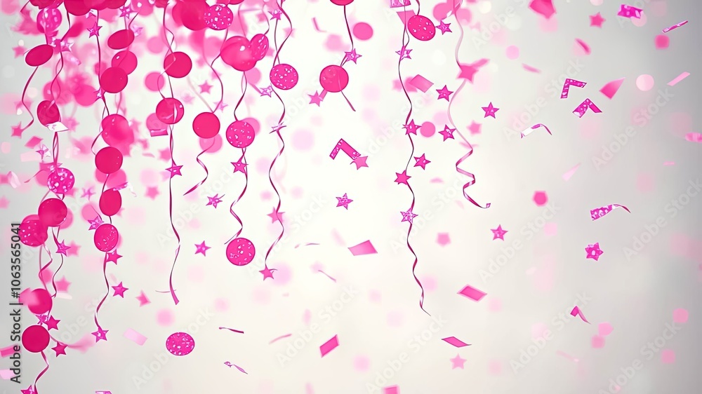 A cascade of pink confetti and stars, gracefully descending against a soft white background, evoking a sense of celebration and joy. A cascade of pink confetti and stars, gracefully descending against a soft white background, evoking a sense of celebration and joy.